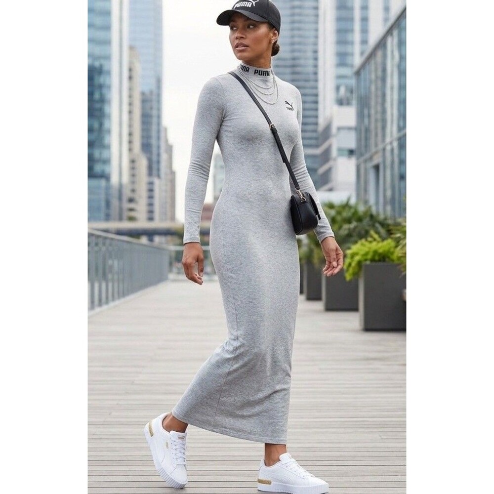 PUMA Classics Open Back Bodycon Maxi Dress Gray Mock Neck Long Sleeve Slit Small